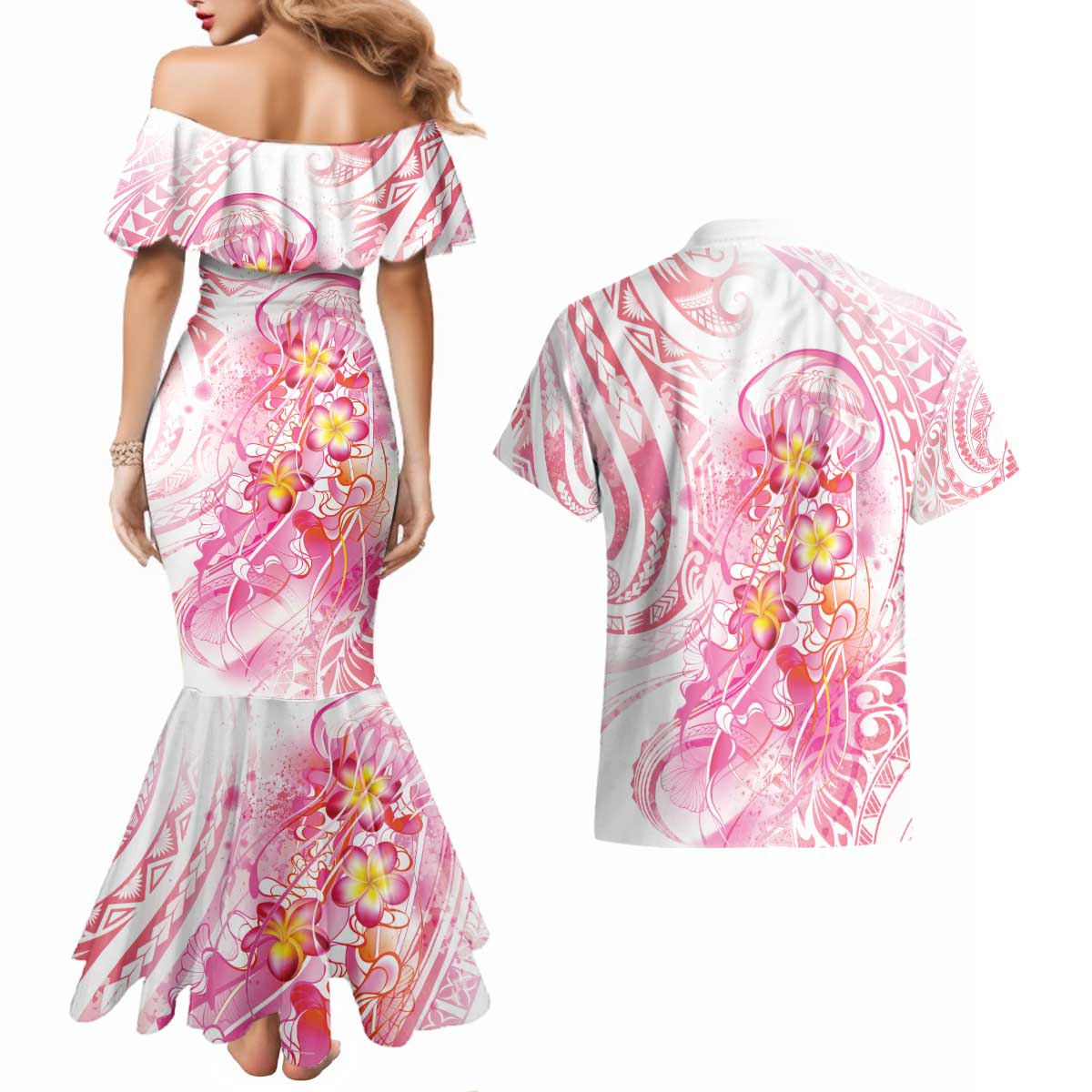 Rose Pink Polynesian Jellyfish Couples Matching Mermaid Dress and Hawaiian Shirt Watercolor Glows LT7 - Polynesian Pride