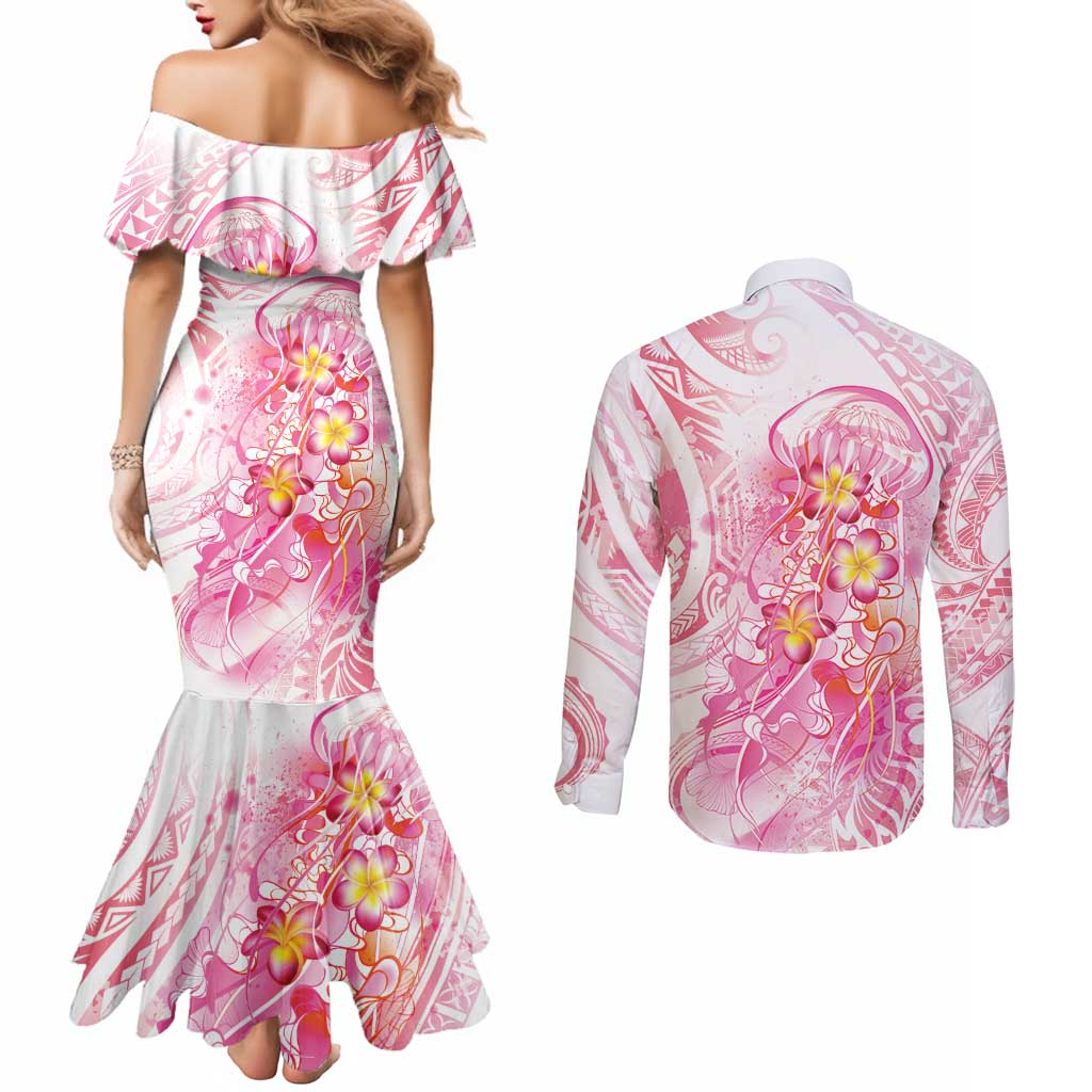 Rose Pink Polynesian Jellyfish Couples Matching Mermaid Dress and Long Sleeve Button Shirt Watercolor Glows LT7 - Polynesian Pride