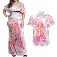 Rose Pink Polynesian Jellyfish Couples Matching Off Shoulder Maxi Dress and Hawaiian Shirt Watercolor Glows LT7 Rose Pink - Polynesian Pride