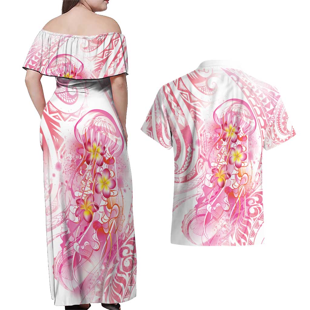 Rose Pink Polynesian Jellyfish Couples Matching Off Shoulder Maxi Dress and Hawaiian Shirt Watercolor Glows LT7 - Polynesian Pride