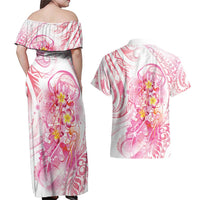 Rose Pink Polynesian Jellyfish Couples Matching Off Shoulder Maxi Dress and Hawaiian Shirt Watercolor Glows LT7 - Polynesian Pride