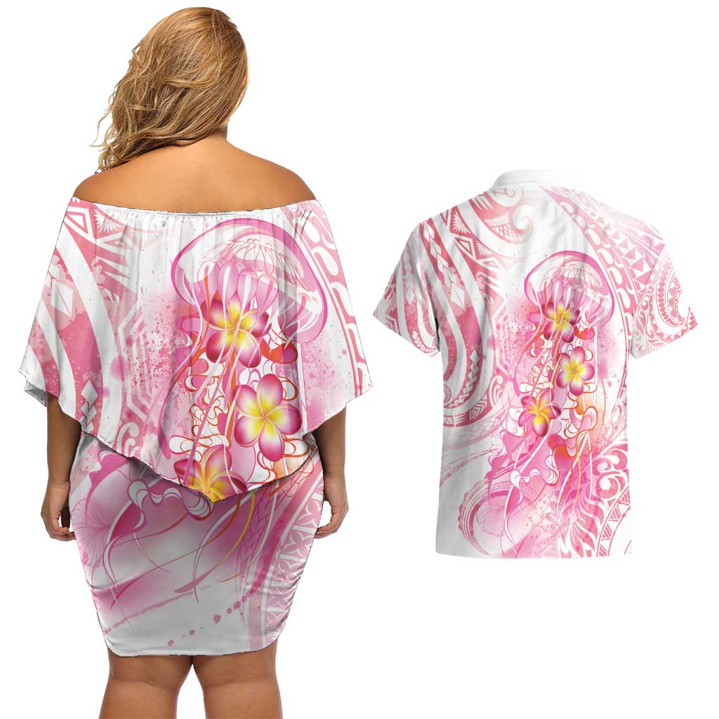 Rose Pink Polynesian Jellyfish Couples Matching Off Shoulder Short Dress and Hawaiian Shirt Watercolor Glows LT7 - Polynesian Pride