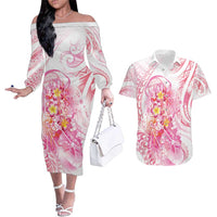 Rose Pink Polynesian Jellyfish Couples Matching Off The Shoulder Long Sleeve Dress and Hawaiian Shirt Watercolor Glows LT7 Rose Pink - Polynesian Pride
