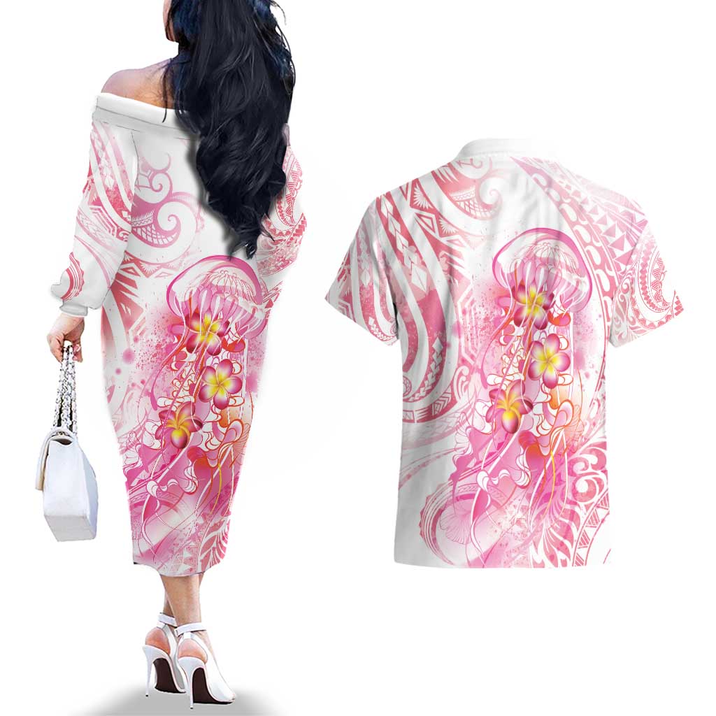 Rose Pink Polynesian Jellyfish Couples Matching Off The Shoulder Long Sleeve Dress and Hawaiian Shirt Watercolor Glows LT7 - Polynesian Pride