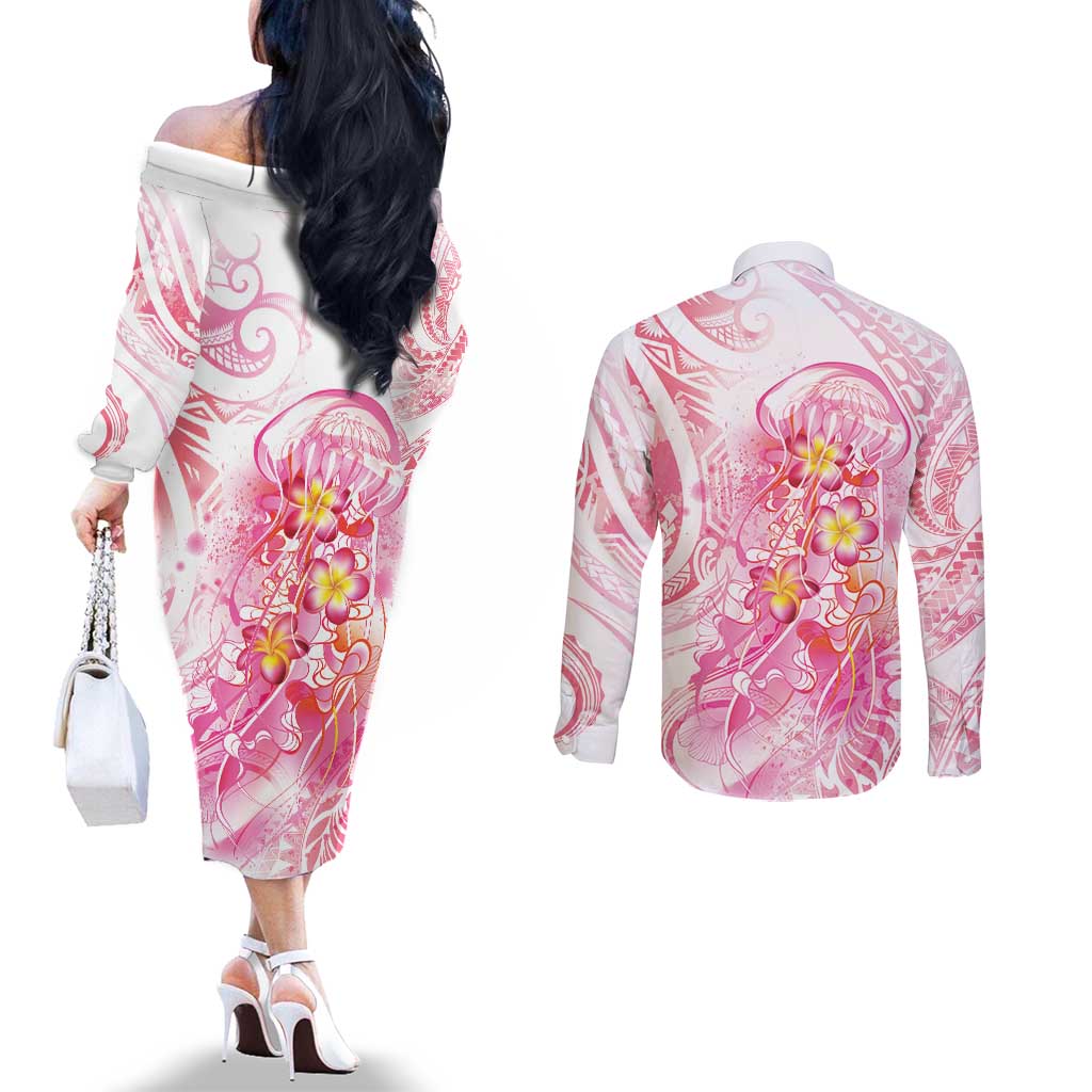 Rose Pink Polynesian Jellyfish Couples Matching Off The Shoulder Long Sleeve Dress and Long Sleeve Button Shirt Watercolor Glows LT7 - Polynesian Pride
