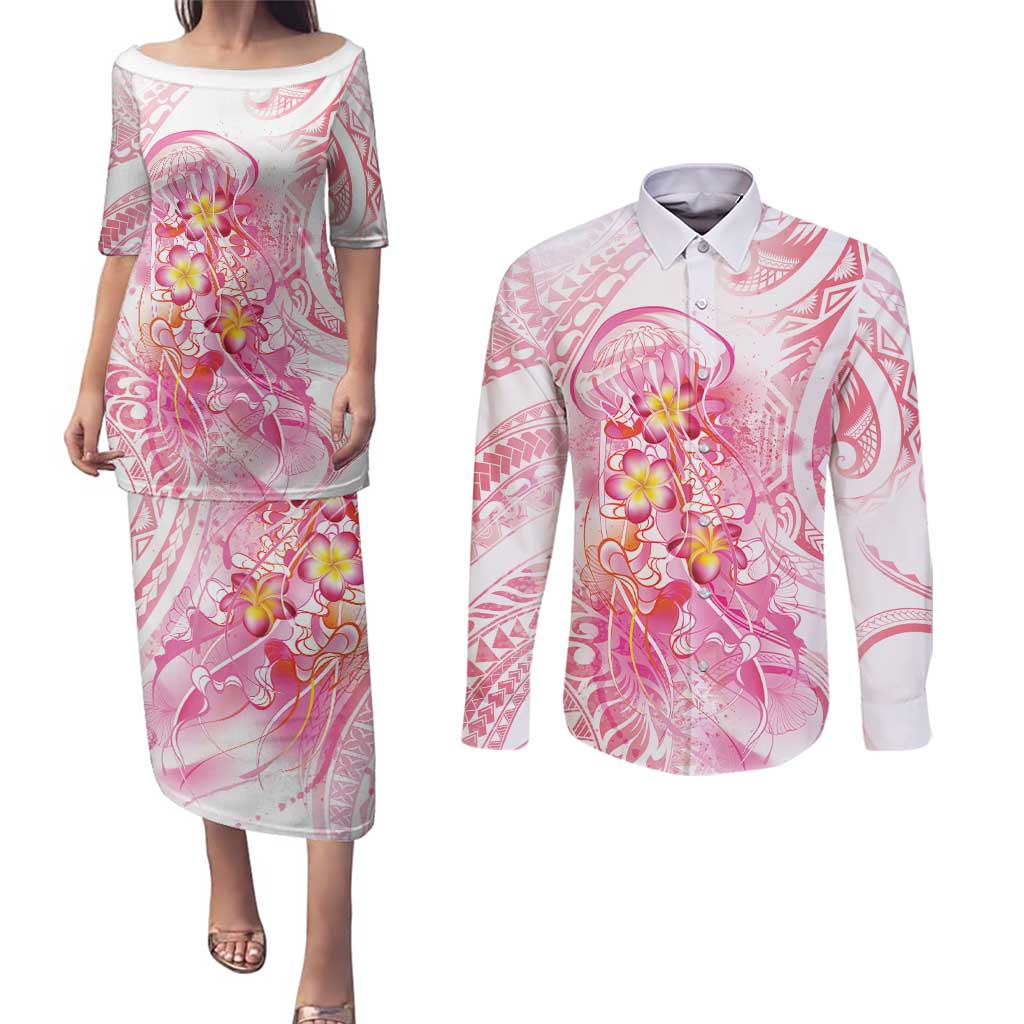 Rose Pink Polynesian Jellyfish Couples Matching Puletasi and Long Sleeve Button Shirt Watercolor Glows LT7 Rose Pink - Polynesian Pride