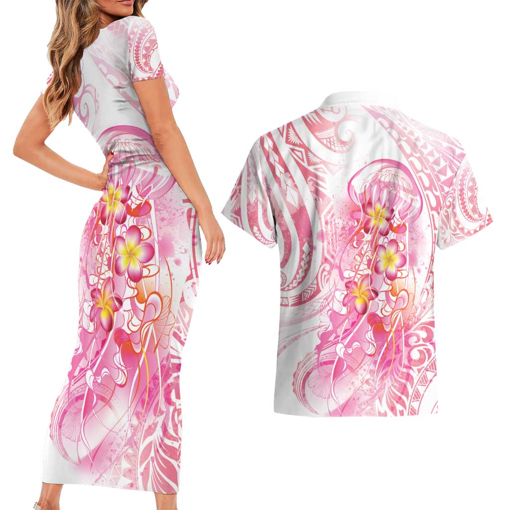 Rose Pink Polynesian Jellyfish Couples Matching Short Sleeve Bodycon Dress and Hawaiian Shirt Watercolor Glows LT7 - Polynesian Pride