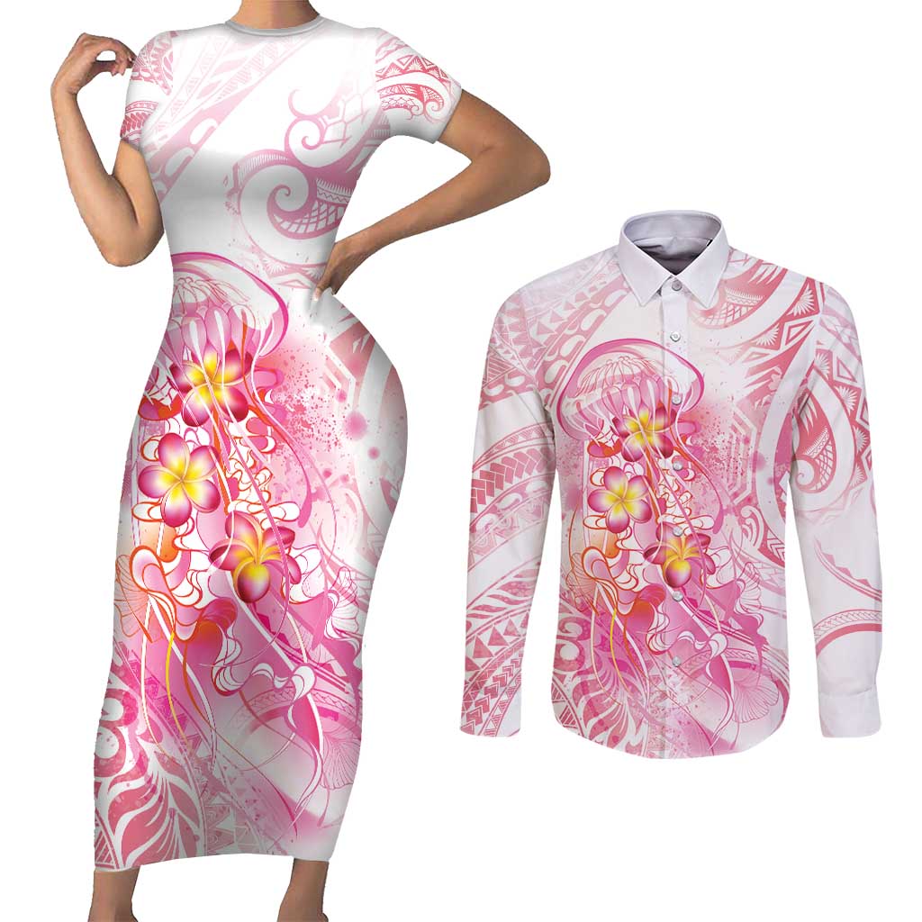 Rose Pink Polynesian Jellyfish Couples Matching Short Sleeve Bodycon Dress and Long Sleeve Button Shirt Watercolor Glows LT7 Rose Pink - Polynesian Pride
