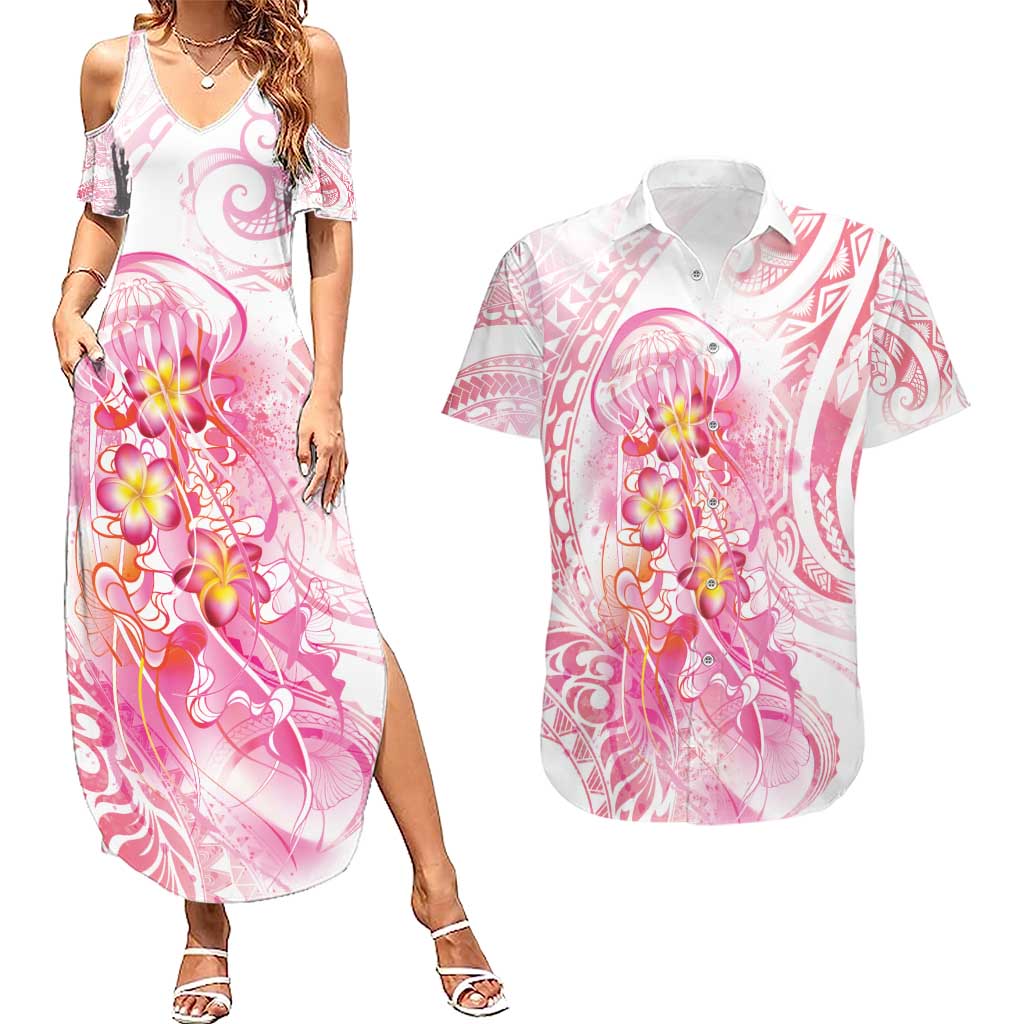 Rose Pink Polynesian Jellyfish Couples Matching Summer Maxi Dress and Hawaiian Shirt Watercolor Glows LT7 Rose Pink - Polynesian Pride
