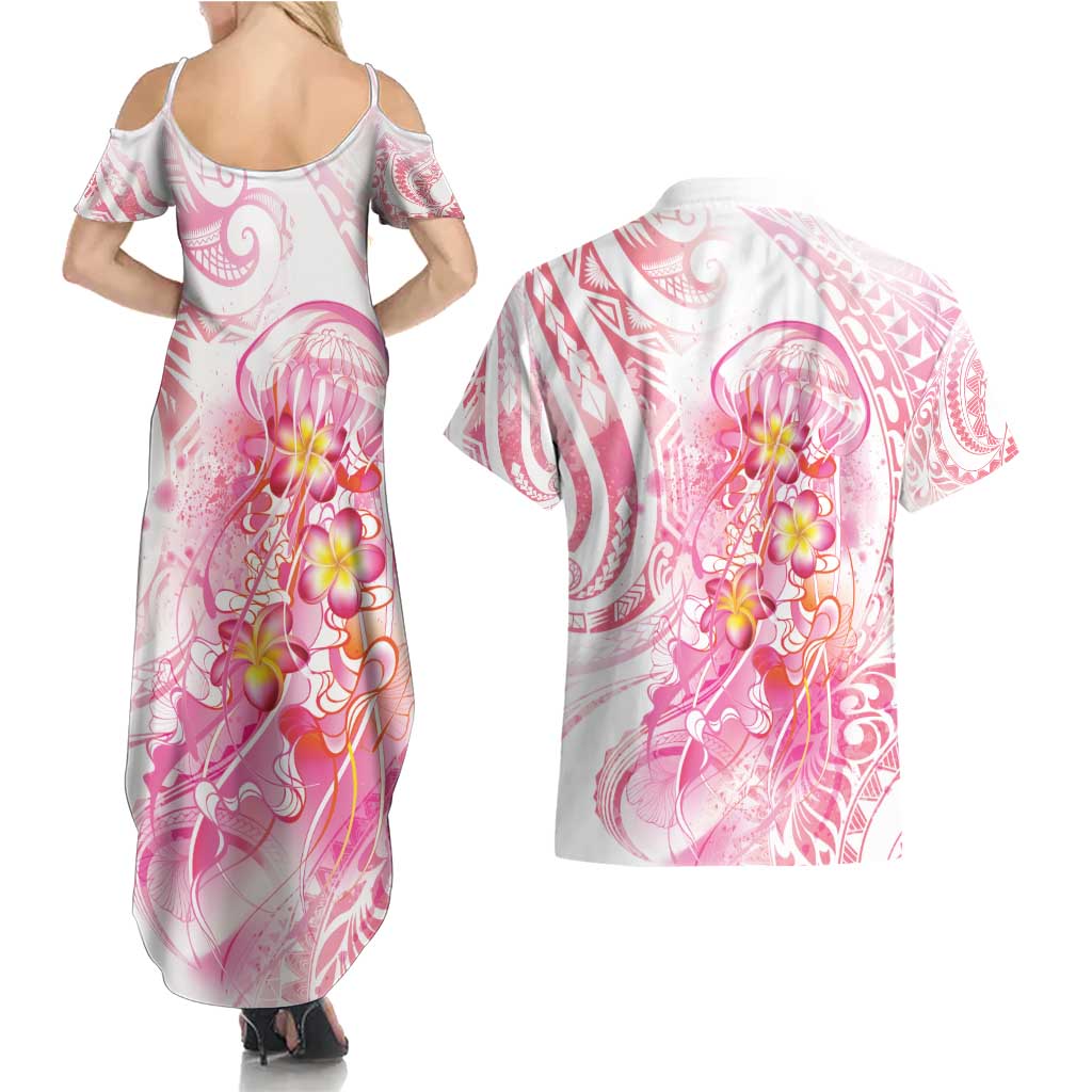 Rose Pink Polynesian Jellyfish Couples Matching Summer Maxi Dress and Hawaiian Shirt Watercolor Glows LT7 - Polynesian Pride