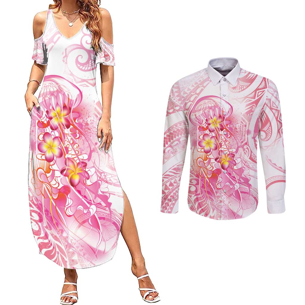 Rose Pink Polynesian Jellyfish Couples Matching Summer Maxi Dress and Long Sleeve Button Shirt Watercolor Glows LT7 Rose Pink - Polynesian Pride