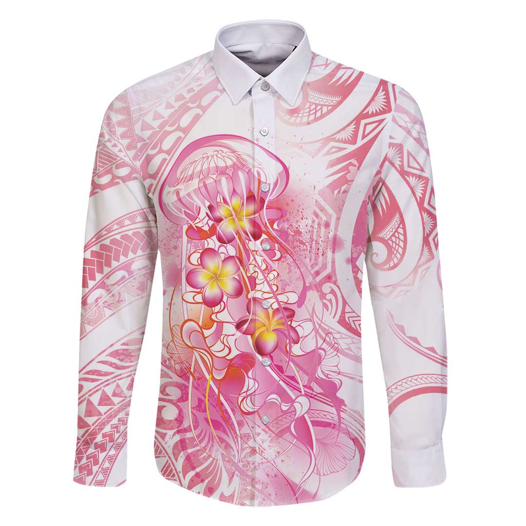 Rose Pink Polynesian Jellyfish Family Matching Mermaid Dress and Hawaiian Shirt Watercolor Glows LT7 Dad's Shirt - Long Sleeve Rose Pink - Polynesian Pride