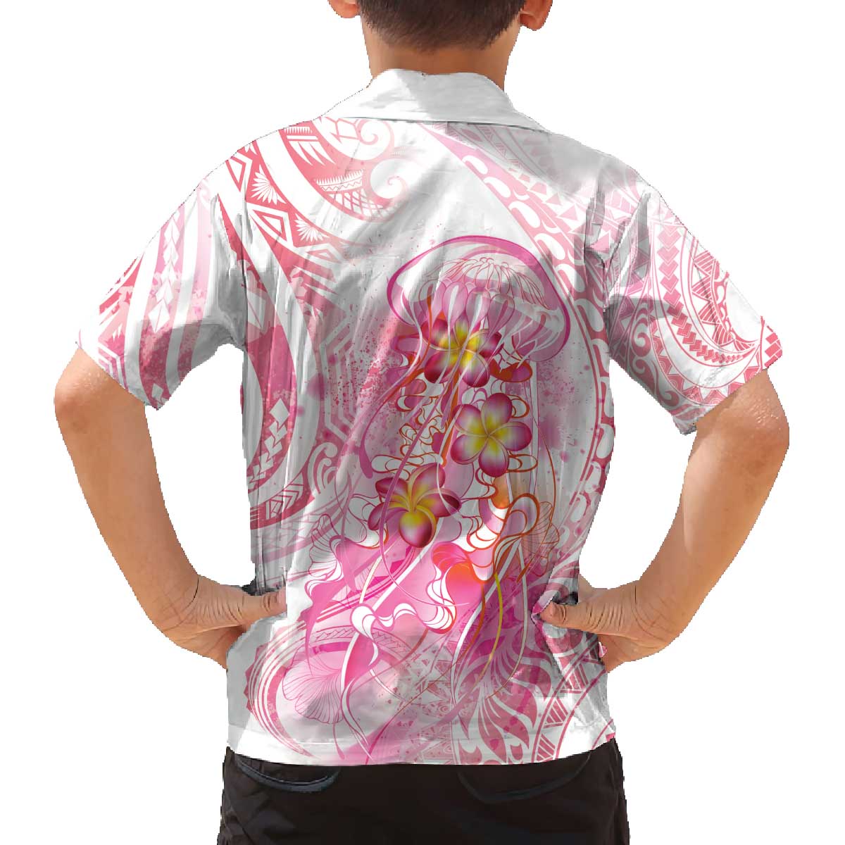 Rose Pink Polynesian Jellyfish Family Matching Off The Shoulder Long Sleeve Dress and Hawaiian Shirt Watercolor Glows LT7 - Polynesian Pride