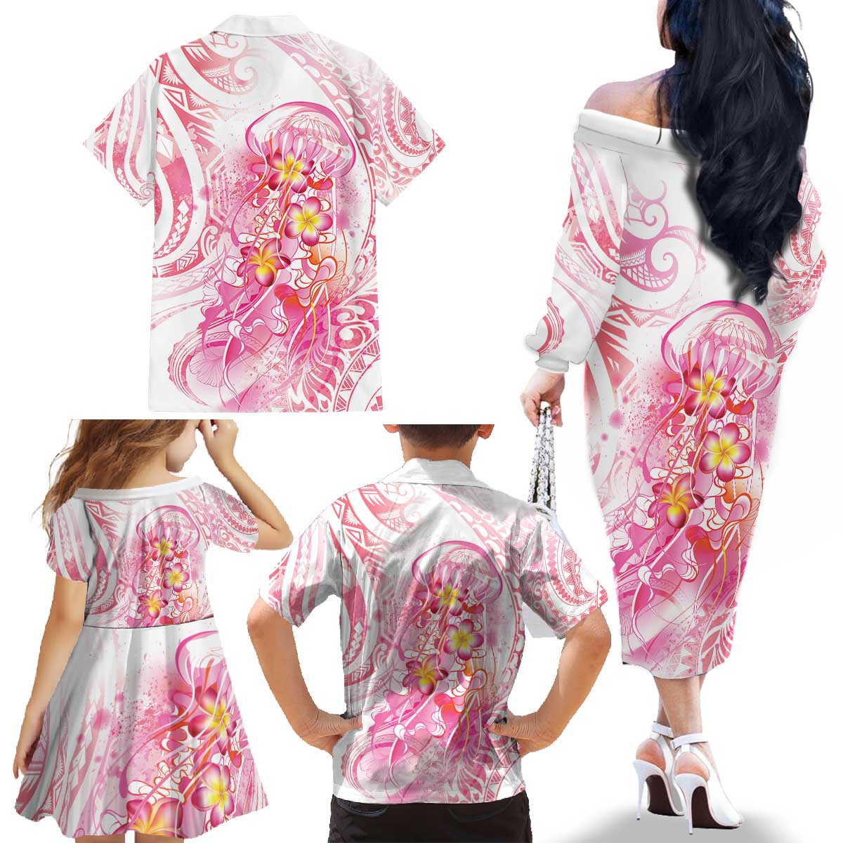Rose Pink Polynesian Jellyfish Family Matching Off The Shoulder Long Sleeve Dress and Hawaiian Shirt Watercolor Glows LT7 - Polynesian Pride
