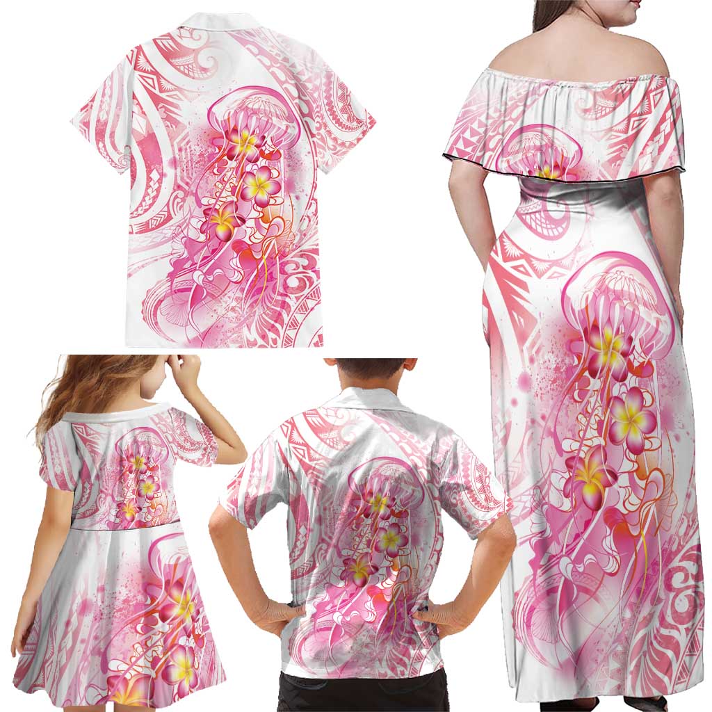 Rose Pink Polynesian Jellyfish Family Matching Off Shoulder Maxi Dress and Hawaiian Shirt Watercolor Glows LT7 - Polynesian Pride