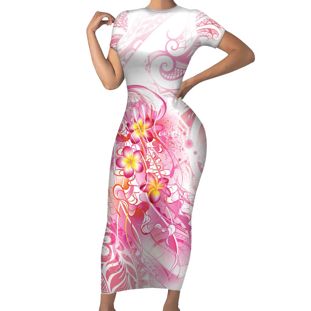 Rose Pink Polynesian Jellyfish Family Matching Short Sleeve Bodycon Dress and Hawaiian Shirt Watercolor Glows LT7 Mom's Dress Rose Pink - Polynesian Pride