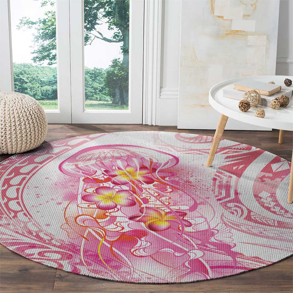 Rose Pink Polynesian Jellyfish Round Carpet Watercolor Glows - Polynesian Pride