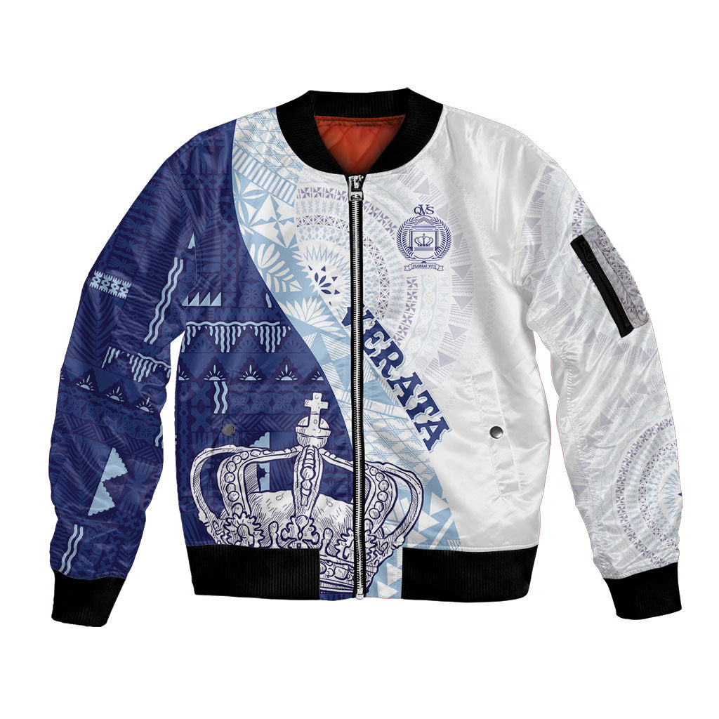 Queen Victoria School Fiji Vulinitu Verata House Sleeve Zip Bomber Jacket Masi Tapa LT7 Unisex Blue - Polynesian Pride
