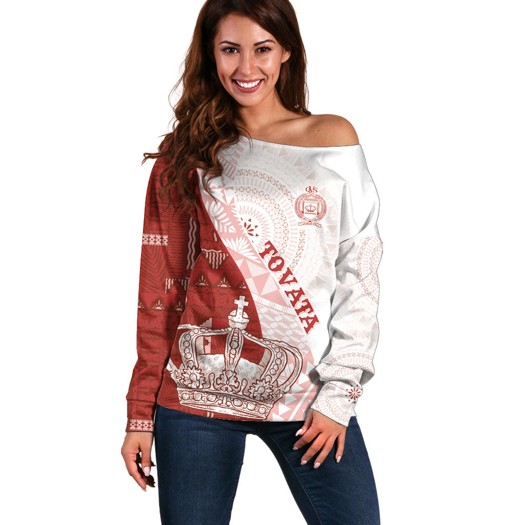 Queen Victoria School Fiji Vulinitu Tovata House Off Shoulder Sweater Masi Tapa LT7 Women Red - Polynesian Pride