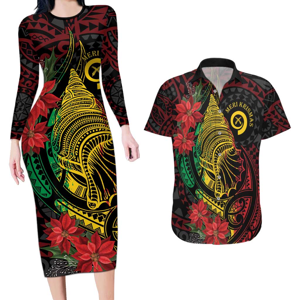 Vanuatu Meri Krismas Couples Matching Long Sleeve Bodycon Dress and Hawaiian Shirt Conch Shell Tribal Art LT7 Art - Polynesian Pride
