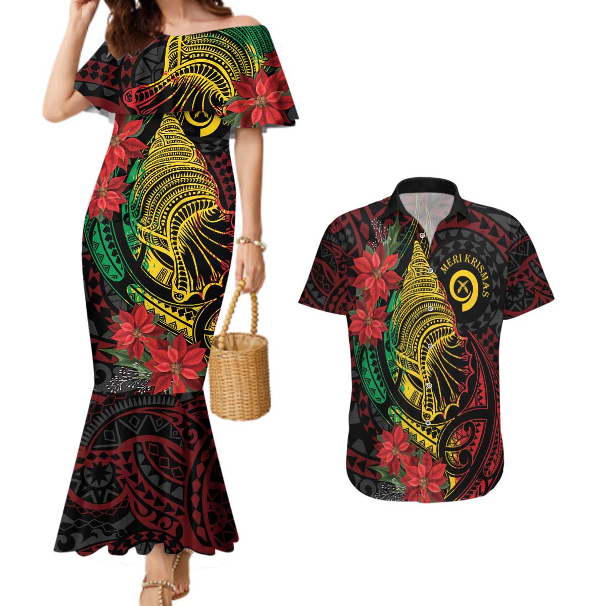 Vanuatu Meri Krismas Couples Matching Mermaid Dress and Hawaiian Shirt Conch Shell Tribal Art LT7 Art - Polynesian Pride