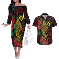 Vanuatu Meri Krismas Couples Matching Off The Shoulder Long Sleeve Dress and Hawaiian Shirt Conch Shell Tribal Art LT7 Art - Polynesian Pride
