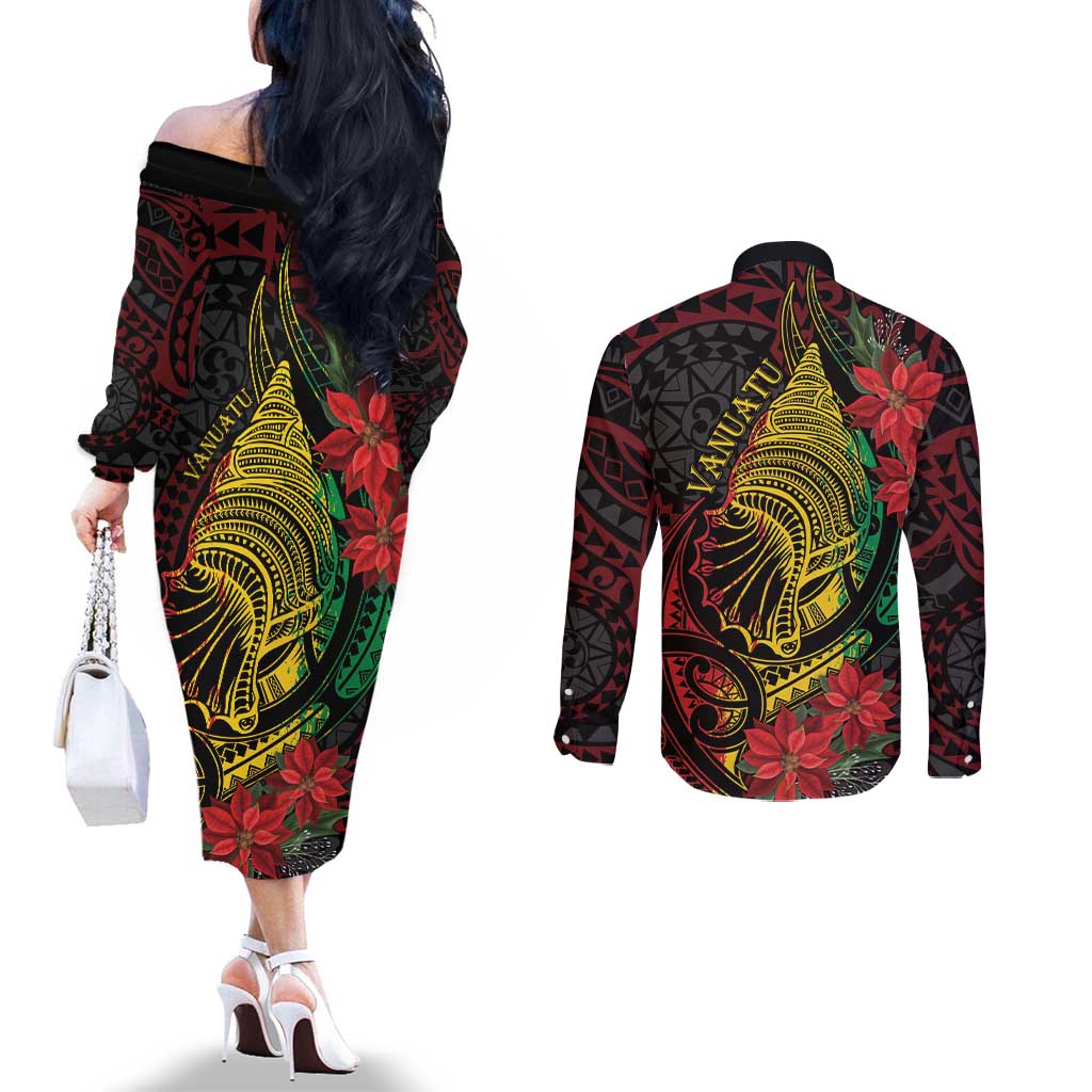 Vanuatu Meri Krismas Couples Matching Off The Shoulder Long Sleeve Dress and Long Sleeve Button Shirt Conch Shell Tribal Art LT7 - Polynesian Pride