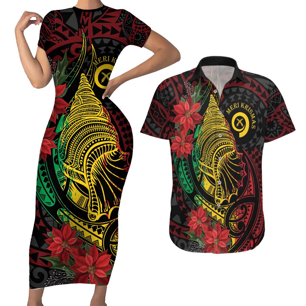 Vanuatu Meri Krismas Couples Matching Short Sleeve Bodycon Dress and Hawaiian Shirt Conch Shell Tribal Art LT7 Art - Polynesian Pride