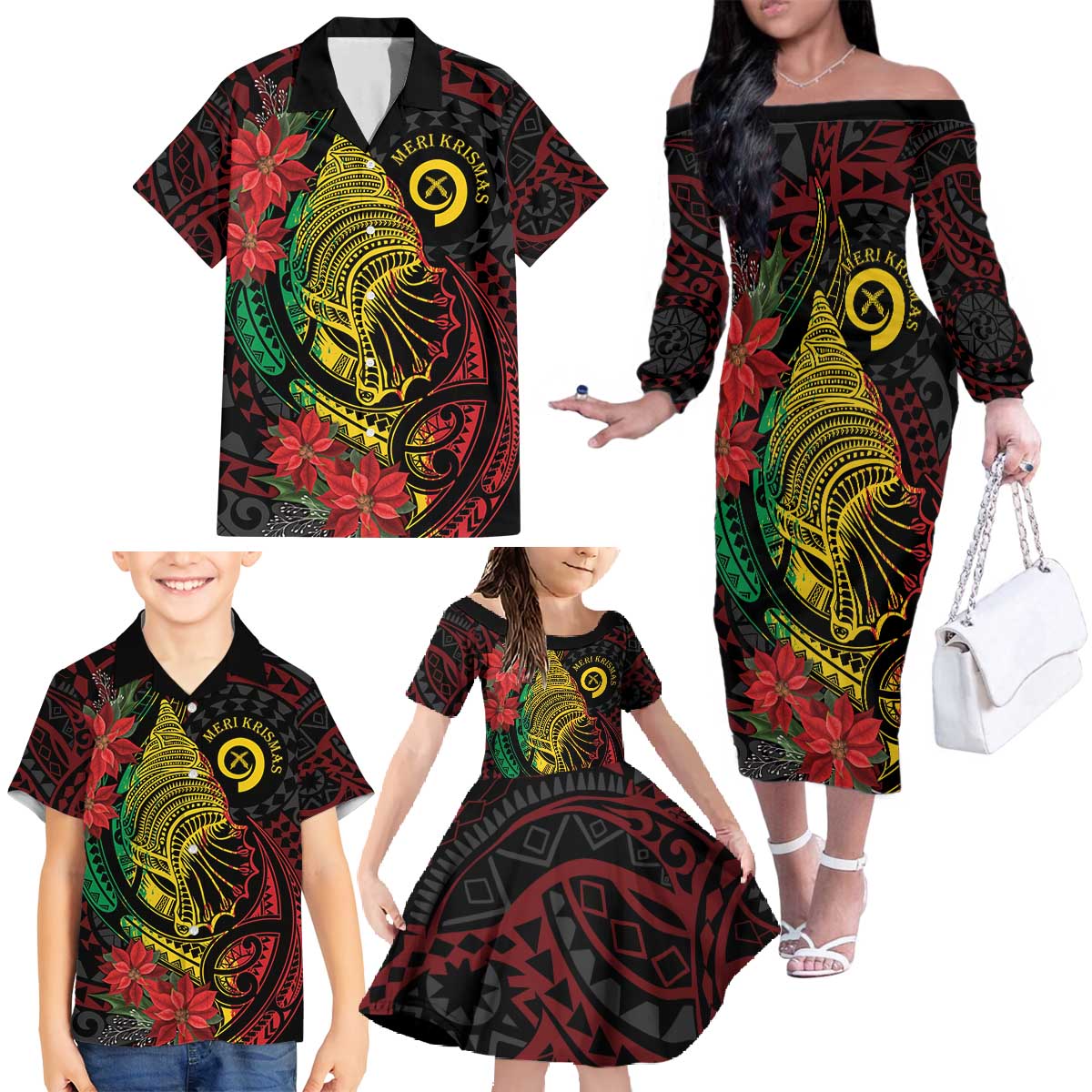 Vanuatu Meri Krismas Family Matching Off The Shoulder Long Sleeve Dress and Hawaiian Shirt Conch Shell Tribal Art LT7 - Polynesian Pride