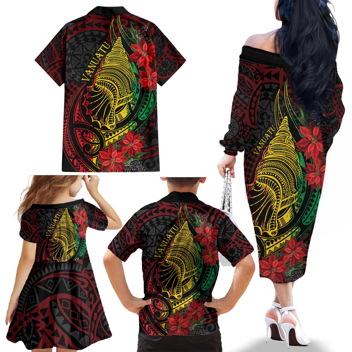 Vanuatu Meri Krismas Family Matching Off The Shoulder Long Sleeve Dress and Hawaiian Shirt Conch Shell Tribal Art LT7 - Polynesian Pride