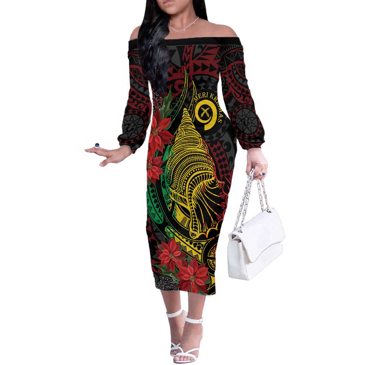 Vanuatu Meri Krismas Family Matching Off The Shoulder Long Sleeve Dress and Hawaiian Shirt Conch Shell Tribal Art LT7 Mom's Dress Art - Polynesian Pride