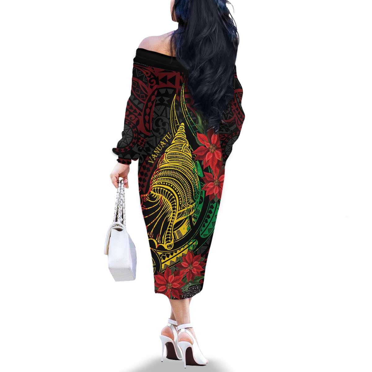 Vanuatu Meri Krismas Family Matching Off The Shoulder Long Sleeve Dress and Hawaiian Shirt Conch Shell Tribal Art LT7 - Polynesian Pride