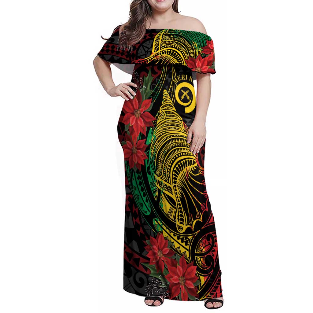 Vanuatu Meri Krismas Family Matching Off Shoulder Maxi Dress and Hawaiian Shirt Conch Shell Tribal Art LT7 Mom's Dress Art - Polynesian Pride