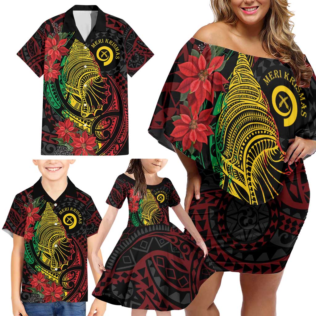 Vanuatu Meri Krismas Family Matching Off Shoulder Short Dress and Hawaiian Shirt Conch Shell Tribal Art LT7 - Polynesian Pride