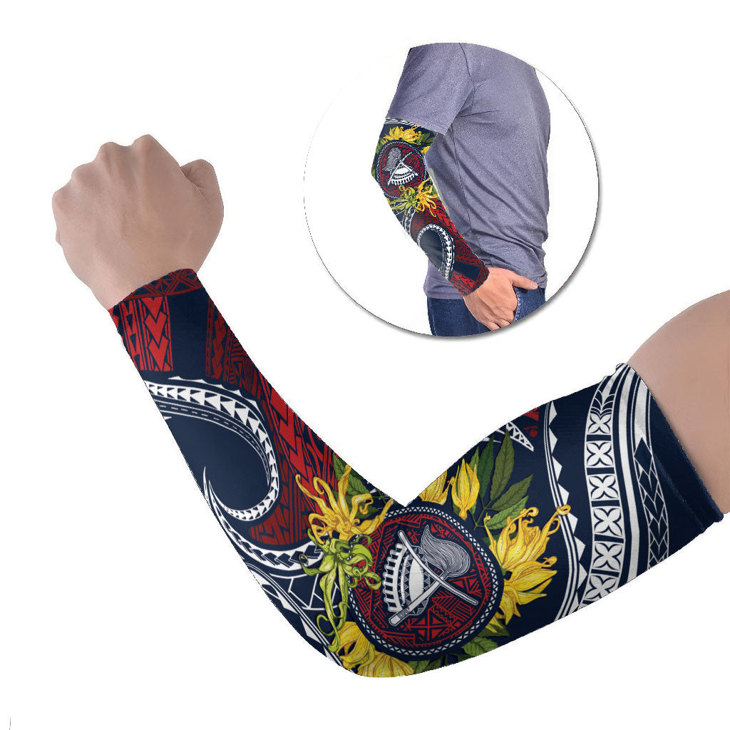 Samoa Moso'oi Flowers Tatau Arm Sleeves Festive National Color LT7 Set of 2 Blue Red - Polynesian Pride