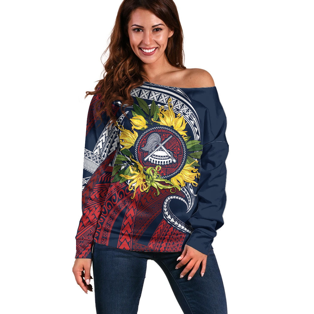 Samoa Moso'oi Flowers Tatau Off Shoulder Sweater Festive National Color LT7 Women Blue Red - Polynesian Pride
