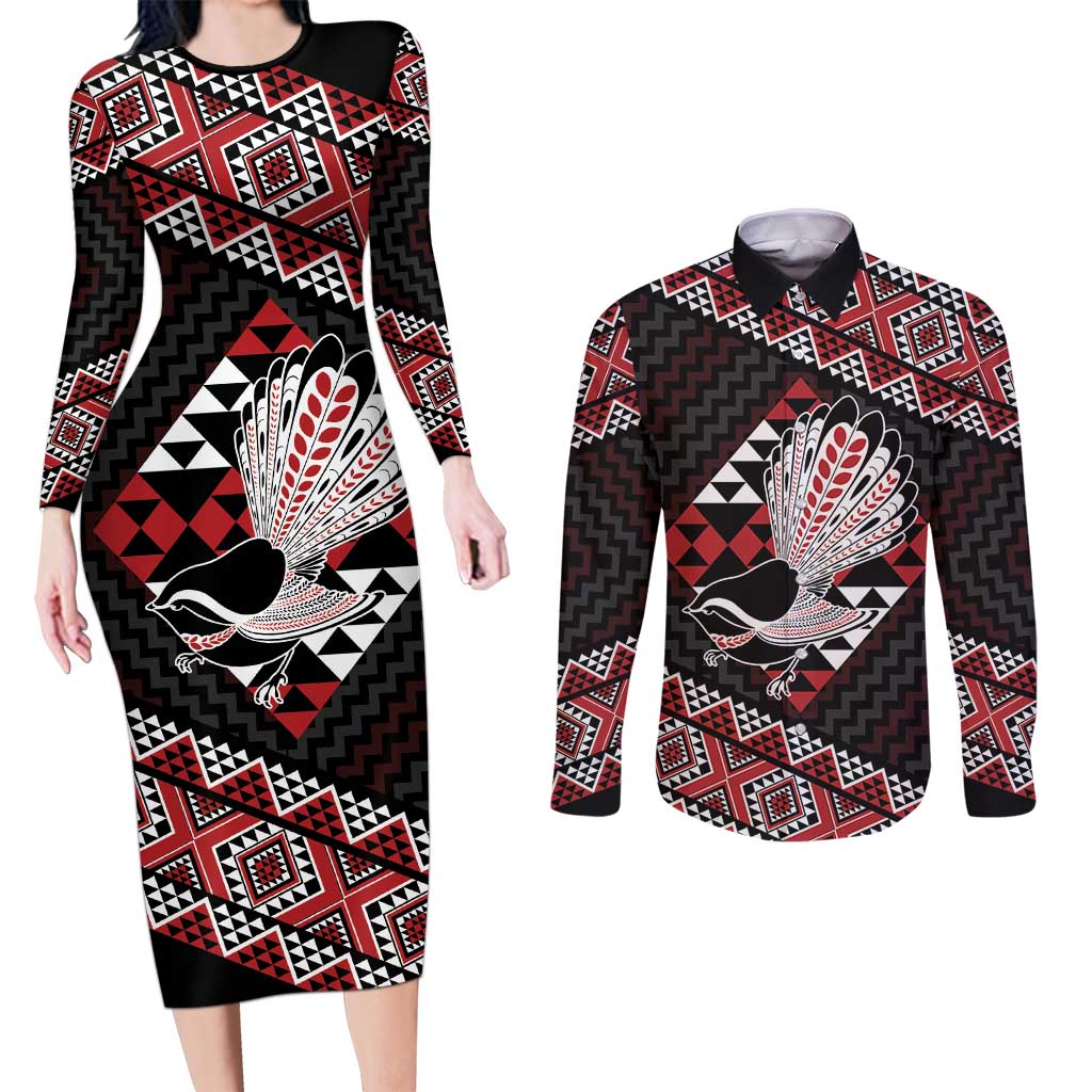 Taniko Aotearoa Couples Matching Long Sleeve Bodycon Dress and Long Sleeve Button Shirt Poutama Mix Piwakawaka LT7 Red - Polynesian Pride