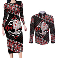 Taniko Aotearoa Couples Matching Long Sleeve Bodycon Dress and Long Sleeve Button Shirt Poutama Mix Piwakawaka LT7 Red - Polynesian Pride