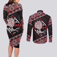 Taniko Aotearoa Couples Matching Long Sleeve Bodycon Dress and Long Sleeve Button Shirt Poutama Mix Piwakawaka LT7 - Polynesian Pride