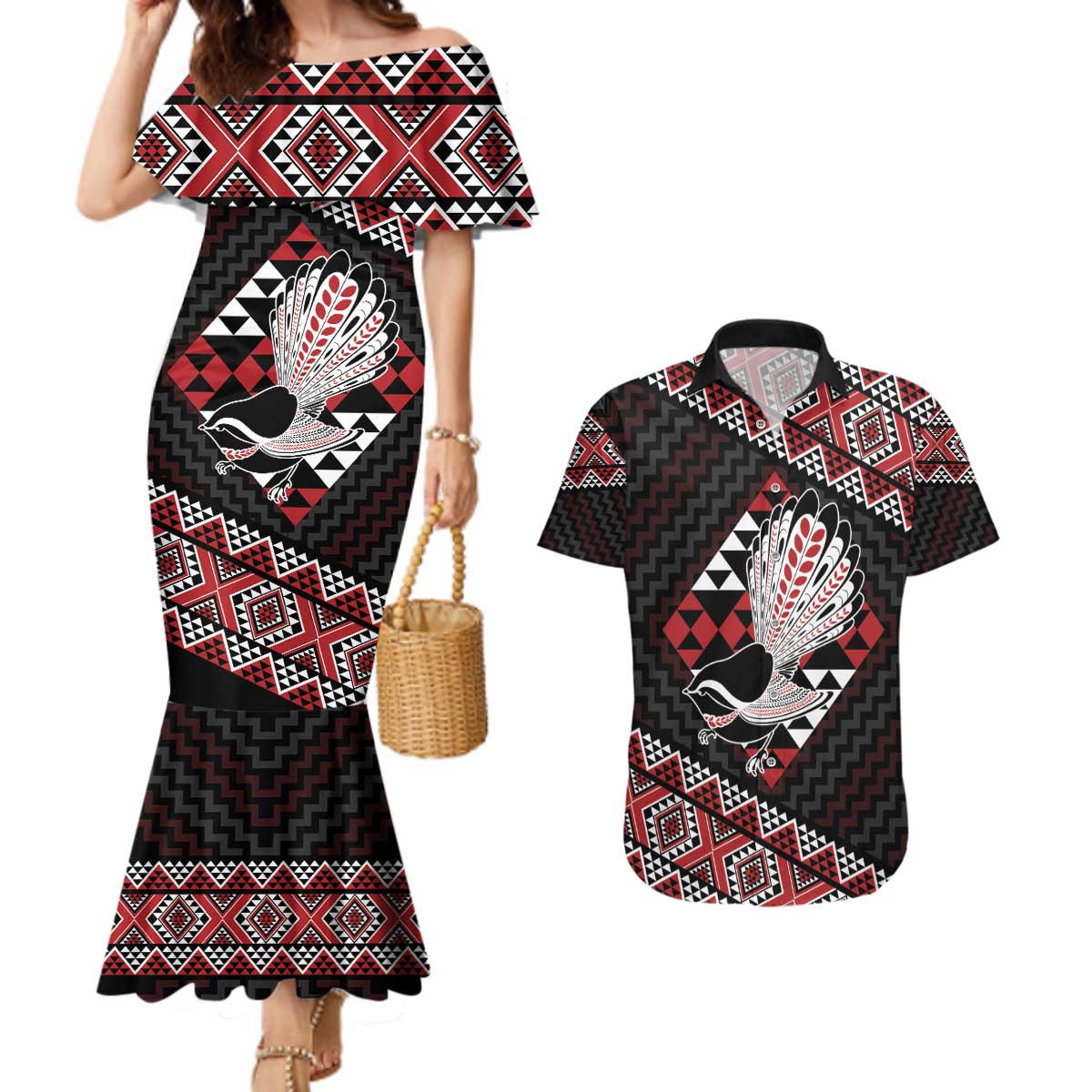 Taniko Aotearoa Couples Matching Mermaid Dress and Hawaiian Shirt Poutama Mix Piwakawaka LT7 Red - Polynesian Pride