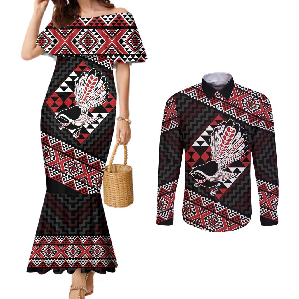 Taniko Aotearoa Couples Matching Mermaid Dress and Long Sleeve Button Shirt Poutama Mix Piwakawaka LT7 Red - Polynesian Pride