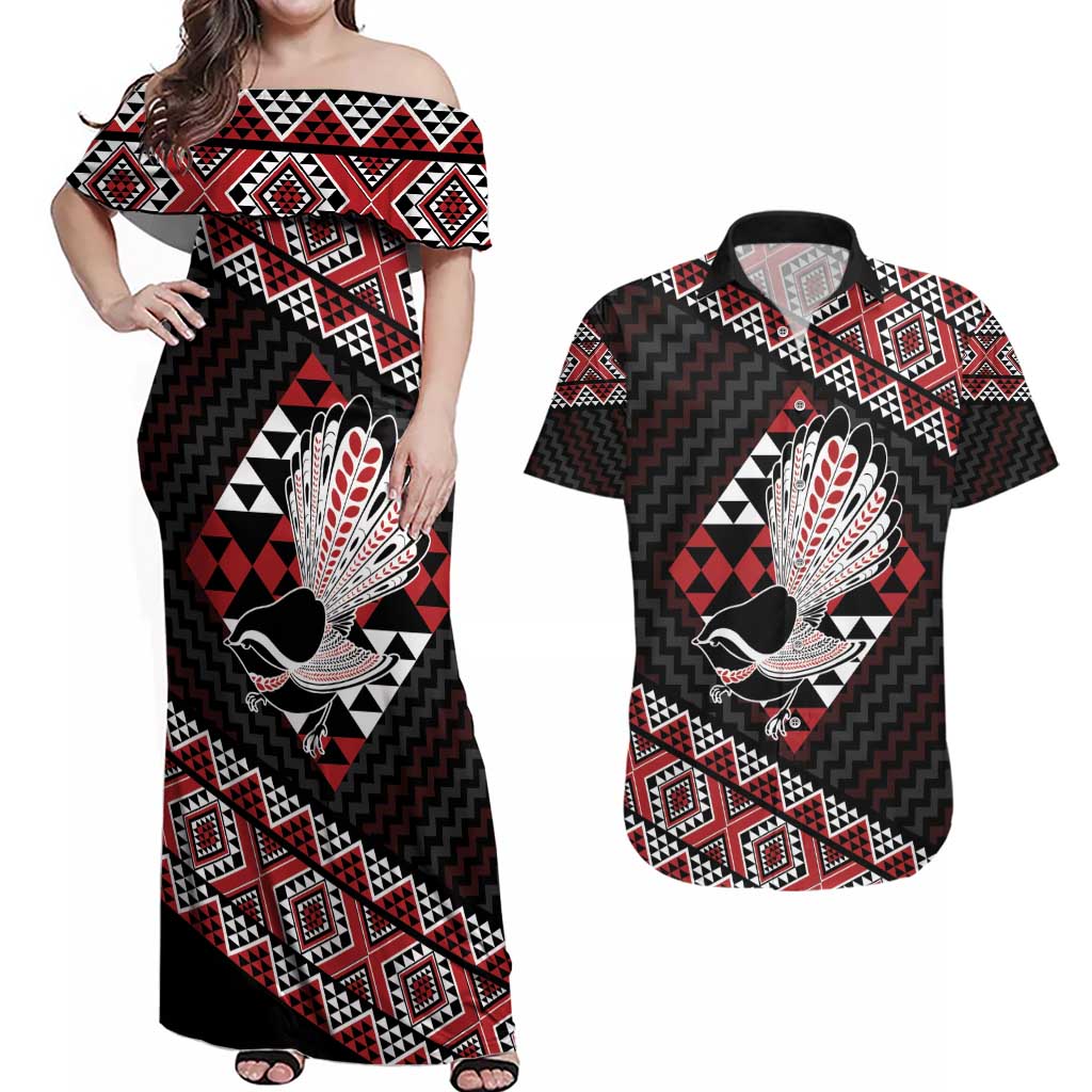 Taniko Aotearoa Couples Matching Off Shoulder Maxi Dress and Hawaiian Shirt Poutama Mix Piwakawaka LT7 Red - Polynesian Pride