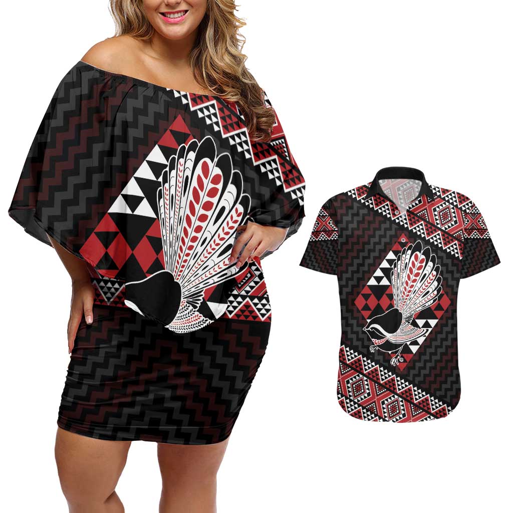 Taniko Aotearoa Couples Matching Off Shoulder Short Dress and Hawaiian Shirt Poutama Mix Piwakawaka LT7 Red - Polynesian Pride