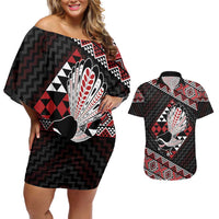 Taniko Aotearoa Couples Matching Off Shoulder Short Dress and Hawaiian Shirt Poutama Mix Piwakawaka LT7 Red - Polynesian Pride