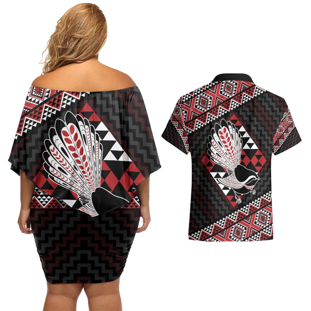 Taniko Aotearoa Couples Matching Off Shoulder Short Dress and Hawaiian Shirt Poutama Mix Piwakawaka LT7 - Polynesian Pride