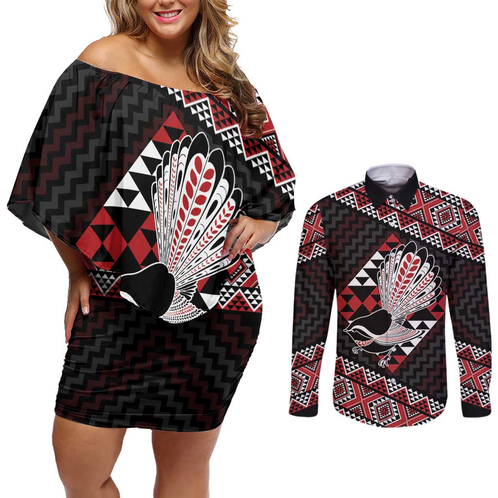 Taniko Aotearoa Couples Matching Off Shoulder Short Dress and Long Sleeve Button Shirt Poutama Mix Piwakawaka LT7 Red - Polynesian Pride