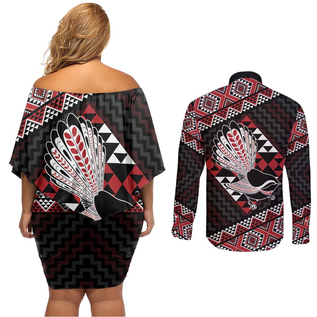Taniko Aotearoa Couples Matching Off Shoulder Short Dress and Long Sleeve Button Shirt Poutama Mix Piwakawaka LT7 - Polynesian Pride