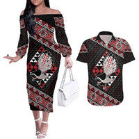 Taniko Aotearoa Couples Matching Off The Shoulder Long Sleeve Dress and Hawaiian Shirt Poutama Mix Piwakawaka LT7 Red - Polynesian Pride