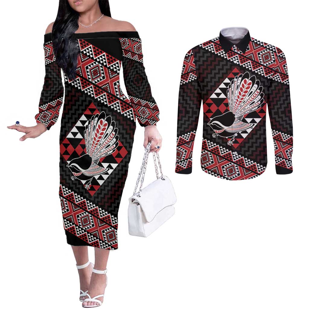 Taniko Aotearoa Couples Matching Off The Shoulder Long Sleeve Dress and Long Sleeve Button Shirt Poutama Mix Piwakawaka LT7 Red - Polynesian Pride