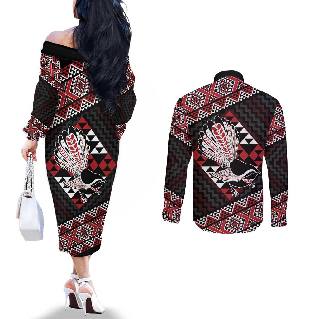 Taniko Aotearoa Couples Matching Off The Shoulder Long Sleeve Dress and Long Sleeve Button Shirt Poutama Mix Piwakawaka LT7 - Polynesian Pride